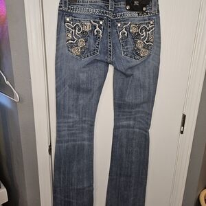 Miss Me Blue Boot Cut Jeans with Embroidery Roses Rhinestones Embellishments